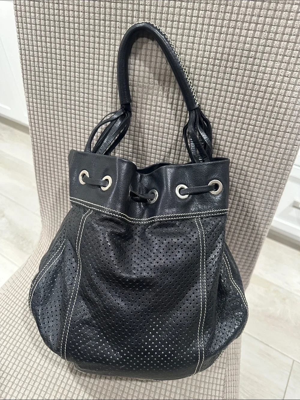 Prada vintage  Black Drawstring Shoulder Bag with Contrast Stitching